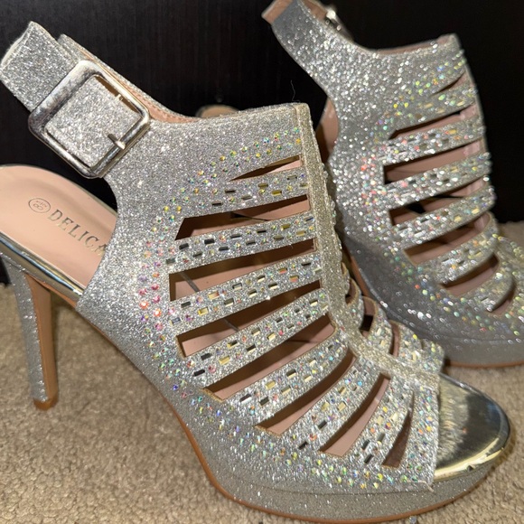 Delicious Shoes - Delicacy Silver Rhinestone Cage Heels Platform Stiletto Sandals Size 8.5